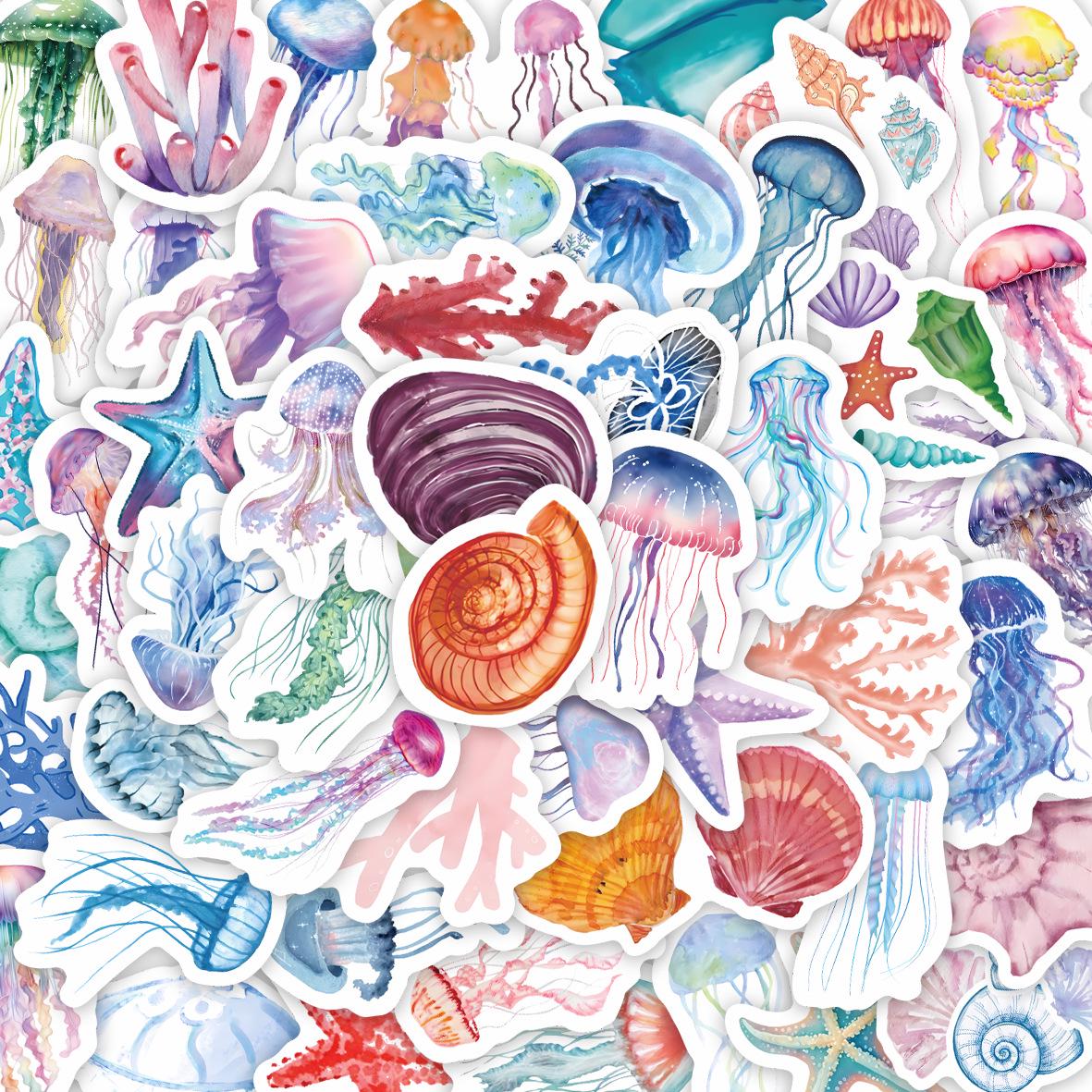 

50 Waterproof Marine Life Art Stickers: Cartoon Style for Water Bottles, Laptops, and Suitcases серый