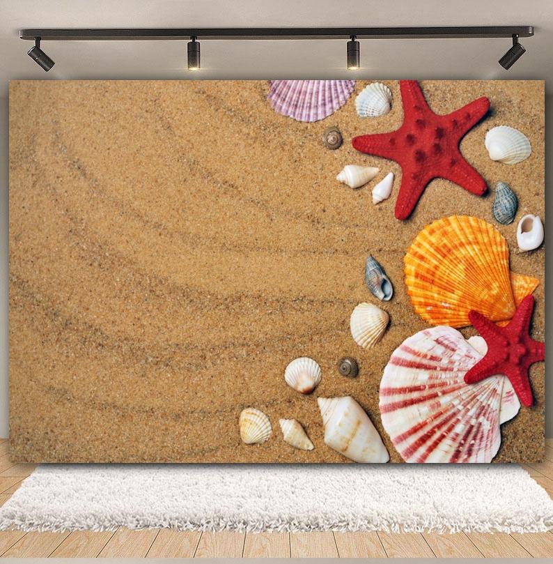 Sommer Strand Sand Hintergrund Fotografie Tropisch Hawaii Meeresufer Seestern Muschel Baby Geburtstag Feiertagsparty Hintergrund Foto Requisiten