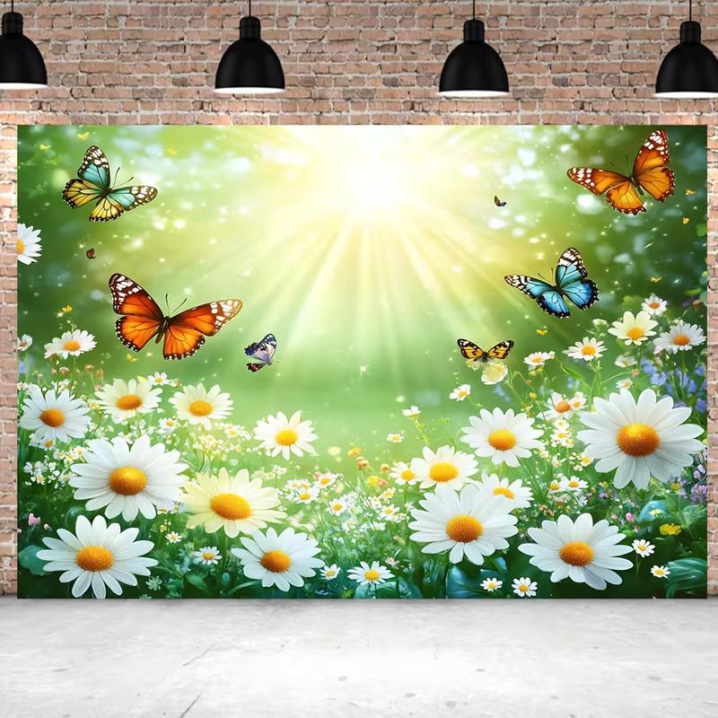 2D Spring Daisy Butterfly Sunlight Backdrop Floral Nature Photo Background Cloth