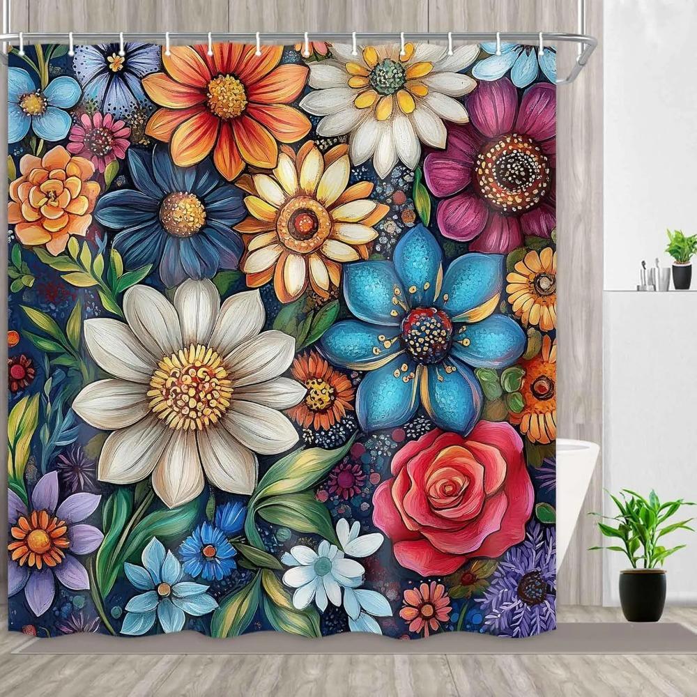 Boho Floral Printed Shower Curtain Watercolor Flower Vintage Plant For Bathroom Decor
