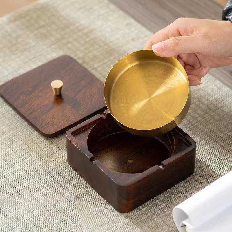 New Chinese-style Solid Wood Ashtray Stainless Steel Inner Liner with Wood Lid High-End Decoration for Home Office Living Room