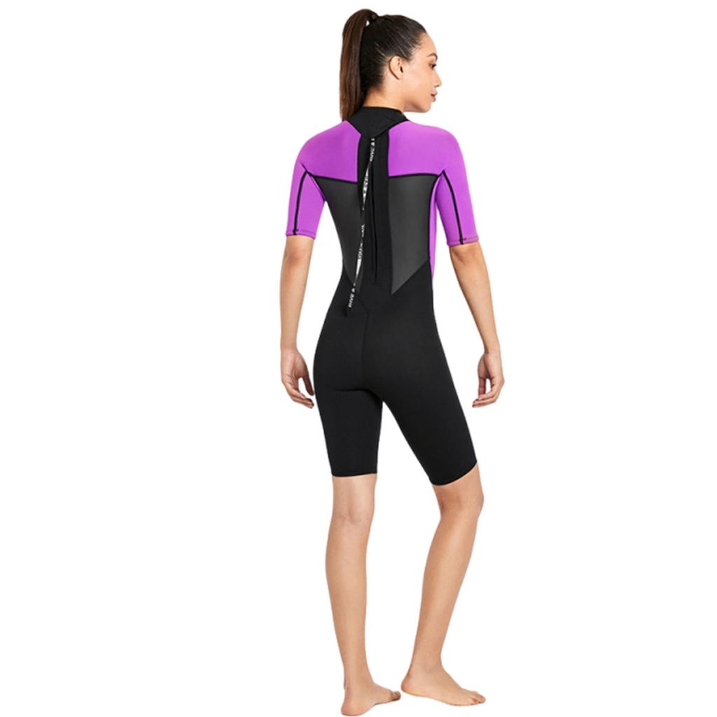 Combinaison de plongée pour femme à manches courtes une pièce 2 mm Maillot de bain UPF50 Plus Élastique dans les 4 directions Néoprène thermique pour la plongée, le surf, la natation, les sports nautiques Violet L