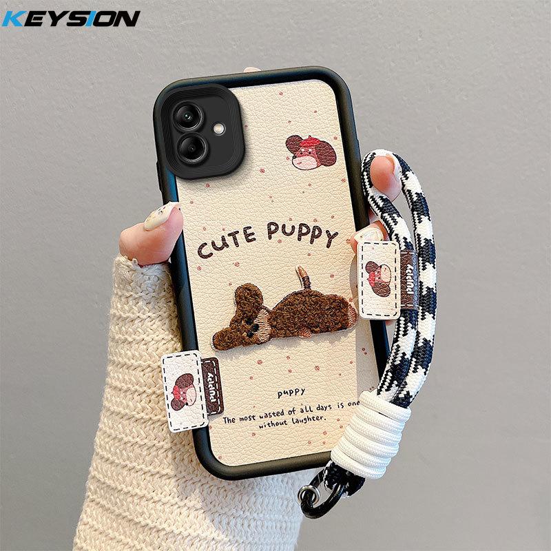 KEYSION Cartoon Cute Plush Embroidery Case for Samsung A07 4G with Lanyard Silicone Shockproof Phone Cover for Galaxy A07