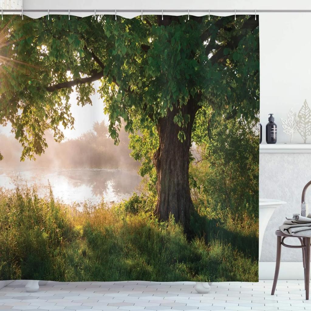 Nature Shower Curtains Stream Flowing in Forest Mossy Rocks Trees Foliage Splash Landscape Fabric Bathroom Decor Set with Hooks