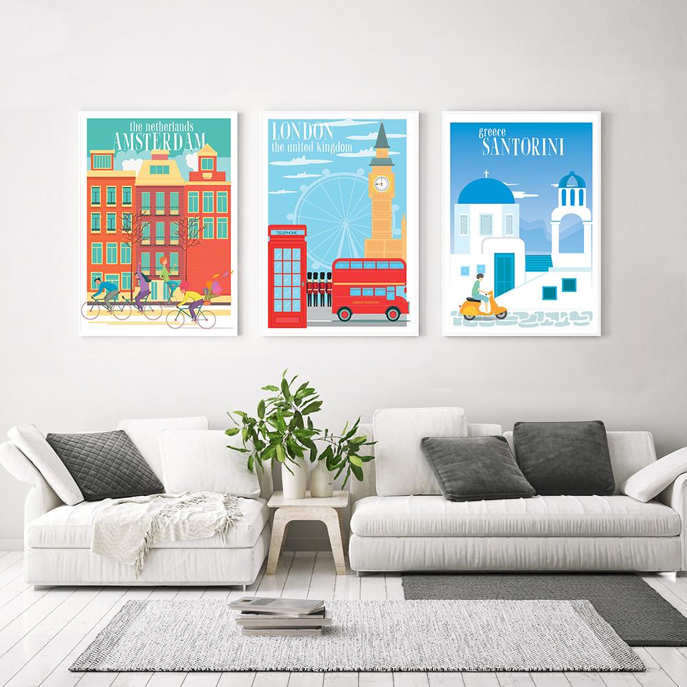Slavné město Barevná krajina Cestovní plakát Nástěnný tisk New York Londýn Plátno Malba Kancelář Obývací Pokoj Ložnice Domácí Dekorace