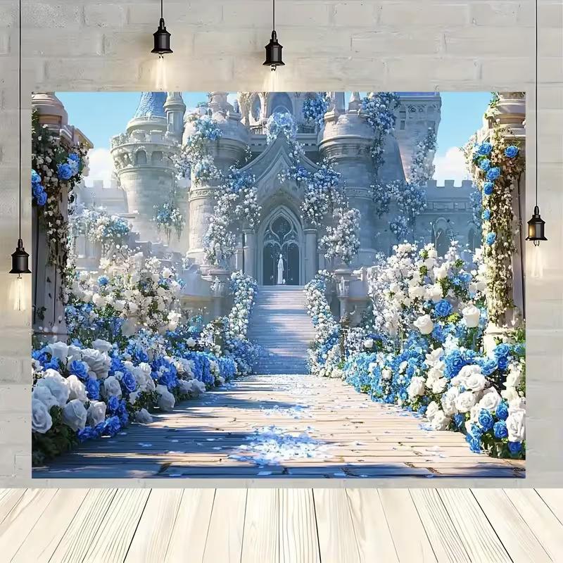 2D Enchanted Castle Backdrop Blue Rose Wedding Photo Booth Background