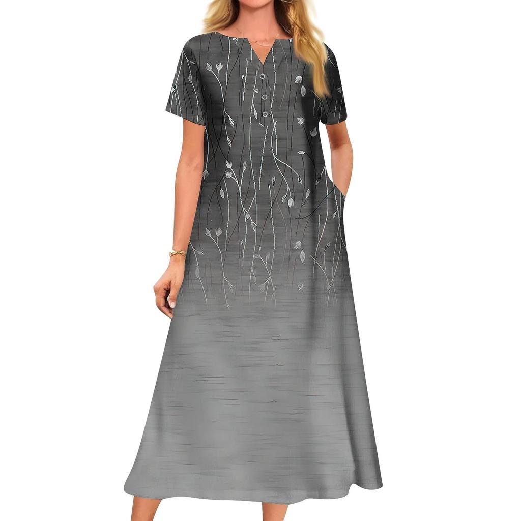 Women's Summer Casual Printed V-Neck Short-Sleeve Swing Dress