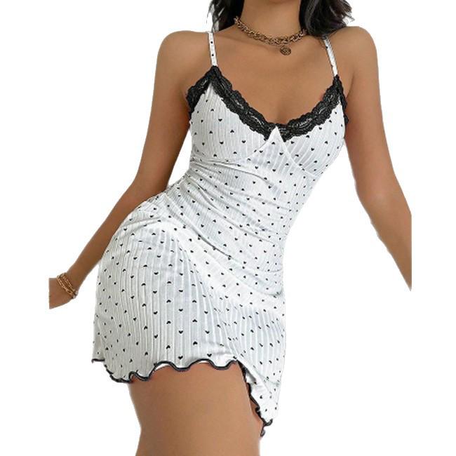 2025 Heart Print Slim Fit Camisole Nightdress with Lace - Women's Pajamas, Pure Desire Homewear