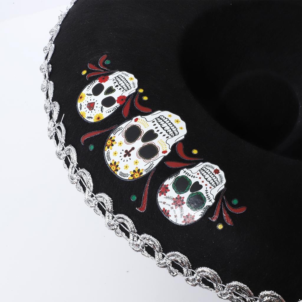 Corned Mexican Hat with Skull Design & Metallic Braid, Wide Brim Festival Accessory for Halloween Carnival Themed Parties