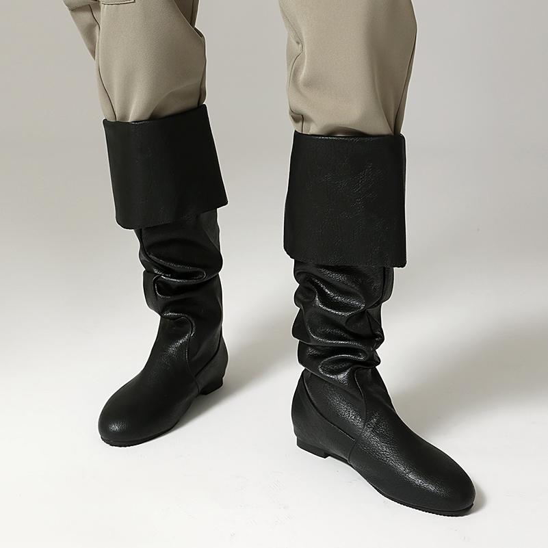 Plus Size Cracked PU Flanged Round Toe Classic Retro Western Boots Autumn New Flat Bottomed Mid-Calf Boots