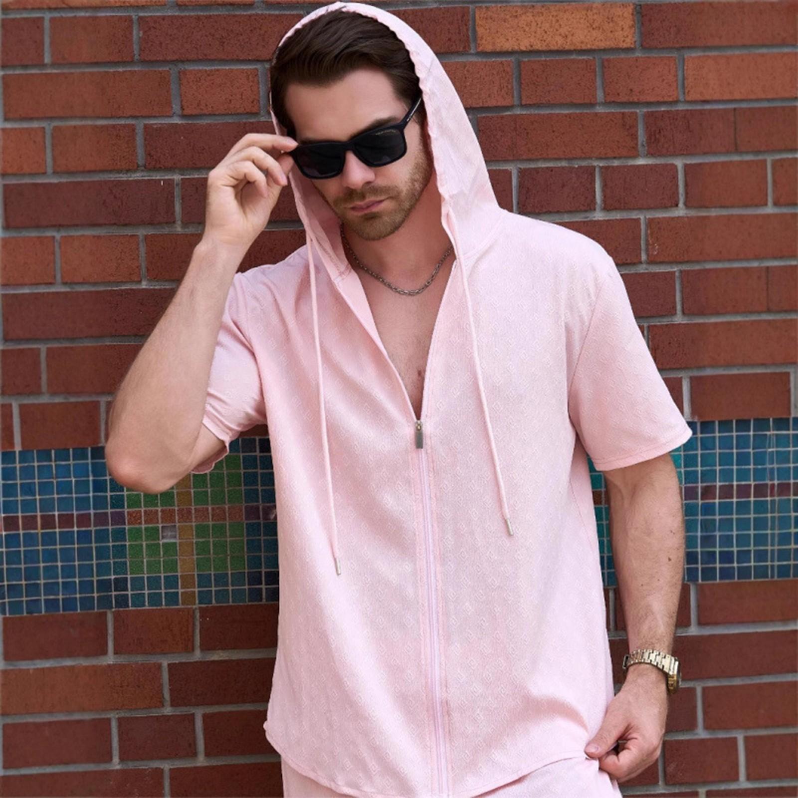 

Мужская повседневная рубашка с капюшоном и короткими рукавами в моде XXXL розовый