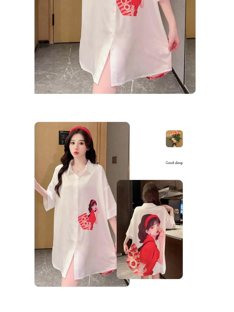Japanese Ice Silk Red Print Nightdress - Sexy, Lightweight, Summer-Ready Pajamas for Women