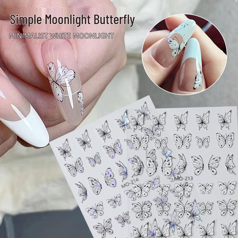 

White Moonlight Jade Butterfly Nail Stickers - Chinese Style, Cold White, Aurora Butterfly Design, Thin and Durable Back Adhesive.
