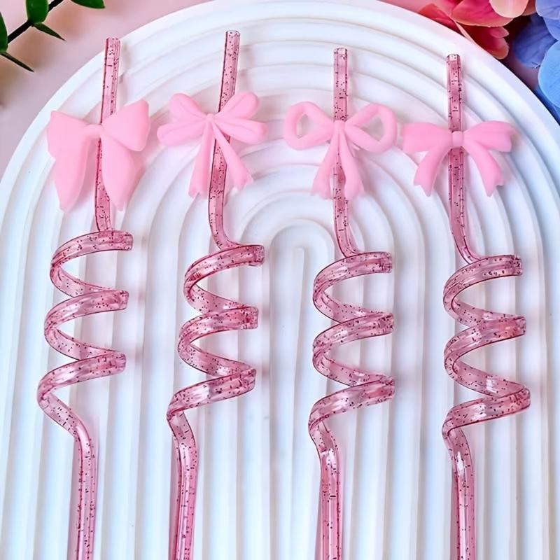 12PCS Pink Decorative Bows Spirals Straw With Detachable Design For Juice Cocktails And Milkshakes