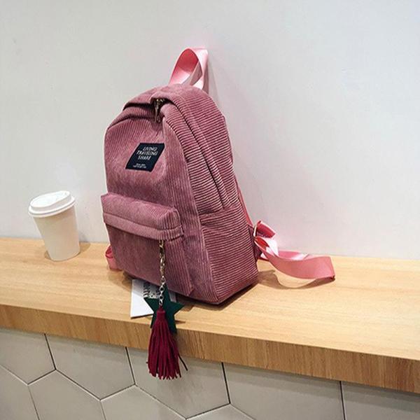 Women School Soulder Bag Tassel Corduroy Backpack Preppy Style Knapsack