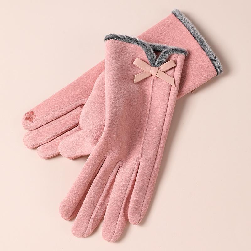 Warm Gloves for Women In Autumn and Winter Outdoor Riding Cold Proof Thickened Plush Velvet Cute Bow Develvet Touch Screen Gloves