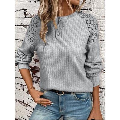 Jesień Wygodny Casualowy Koronkowy Patchwork Jednolity Kolor Pulower Top Koszulka z Długim Rękawem dla Kobiet