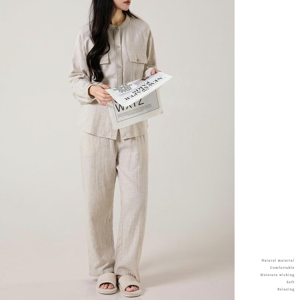 Yes Family Double Gauze Pajama Long Front Size Beige Women's Set, 100% Cotton, Sleeves, Opening, Loungewear, L,