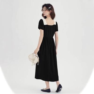 French Retro Square Neck Short-sleeved Hepburn Style Small Black Dress Design Sense Temperament Waist Cover Belly Thin Dress Women's Summer