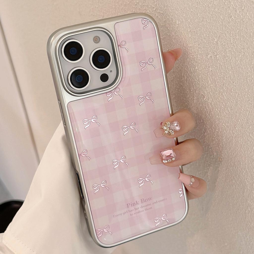 Gilded for Apple 17promax Phone Case for IPhone 16 Pink Grid Bow 13 Plated 14 Hard for Huawei