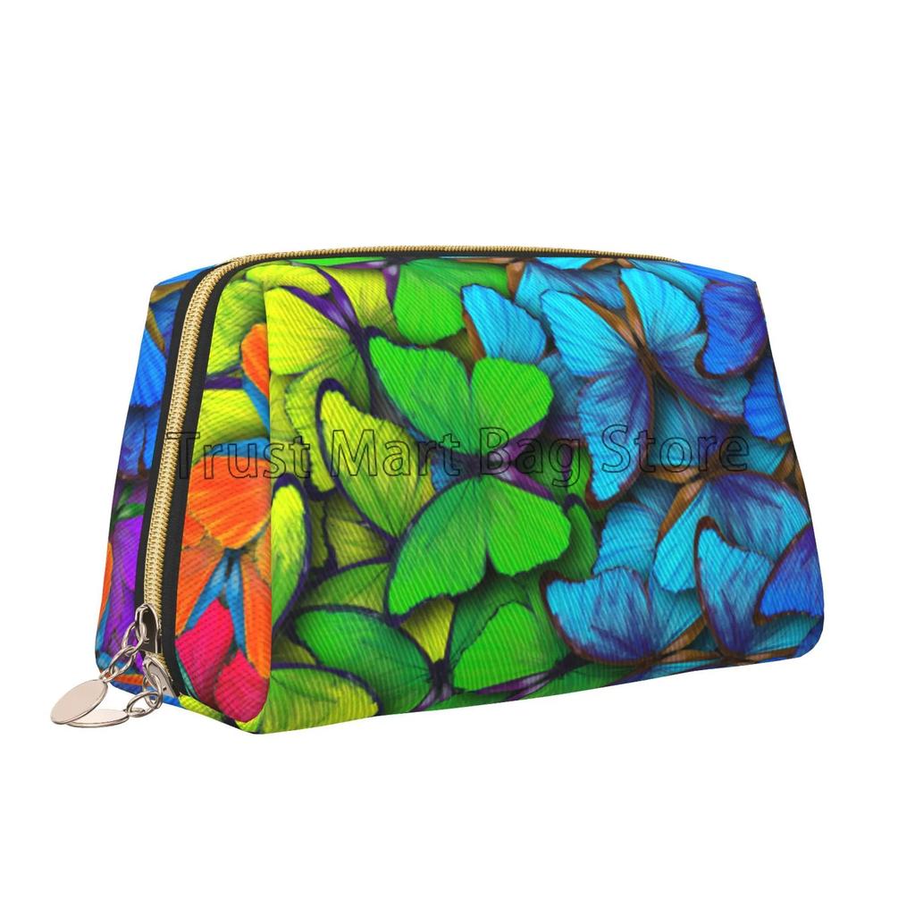 White Floral with Colorful Butterflies Print Leather Makeup Bag Large Capacity Travel Storage Pouch Cosmetic Bag for Women
