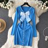 Elegant Bow High Waist Fashion Bodycon  Dress Long Sleeve Sexy Knit Elastic Tight Vestidos Autumn Winter Pencil Sweater Dress