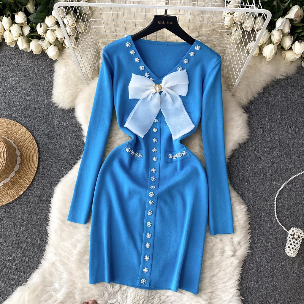 Elegant Bow High Waist Fashion Bodycon  Dress Long Sleeve Sexy Knit Elastic Tight Vestidos Autumn Winter Pencil Sweater Dress