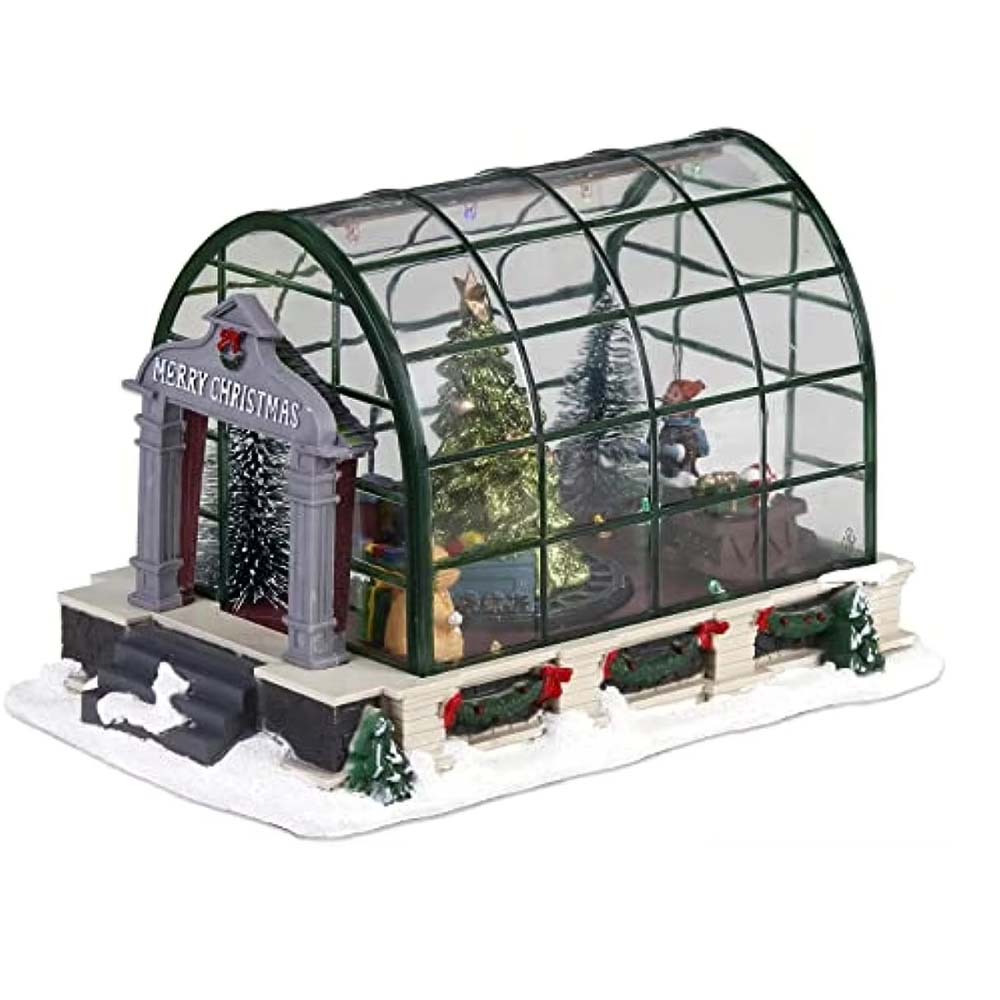 Lighted Christmas Village Greenhouse Decorations, Animated Lighted Collectible Building Xmas Musical Tree Home Holiday Ornament