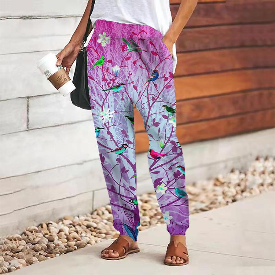 Women Bird Printing Pants Lace Up Elastic Waist Loose  Trousers Casual Long Pants Trousers with Pockets