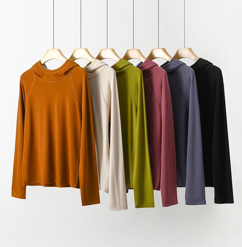 Women's Warm Ginger Velvet Hoodie: Versatile Spring/Autumn Solid Color Top