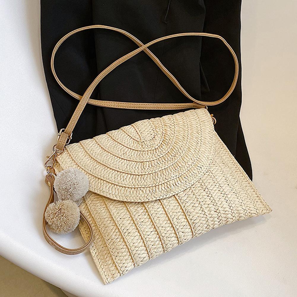 Summer Ladies Handbags Fashion Envelope Bag Casual Portable Handmade Simple Elegant with Hairball Exquisite for Seaside Beach