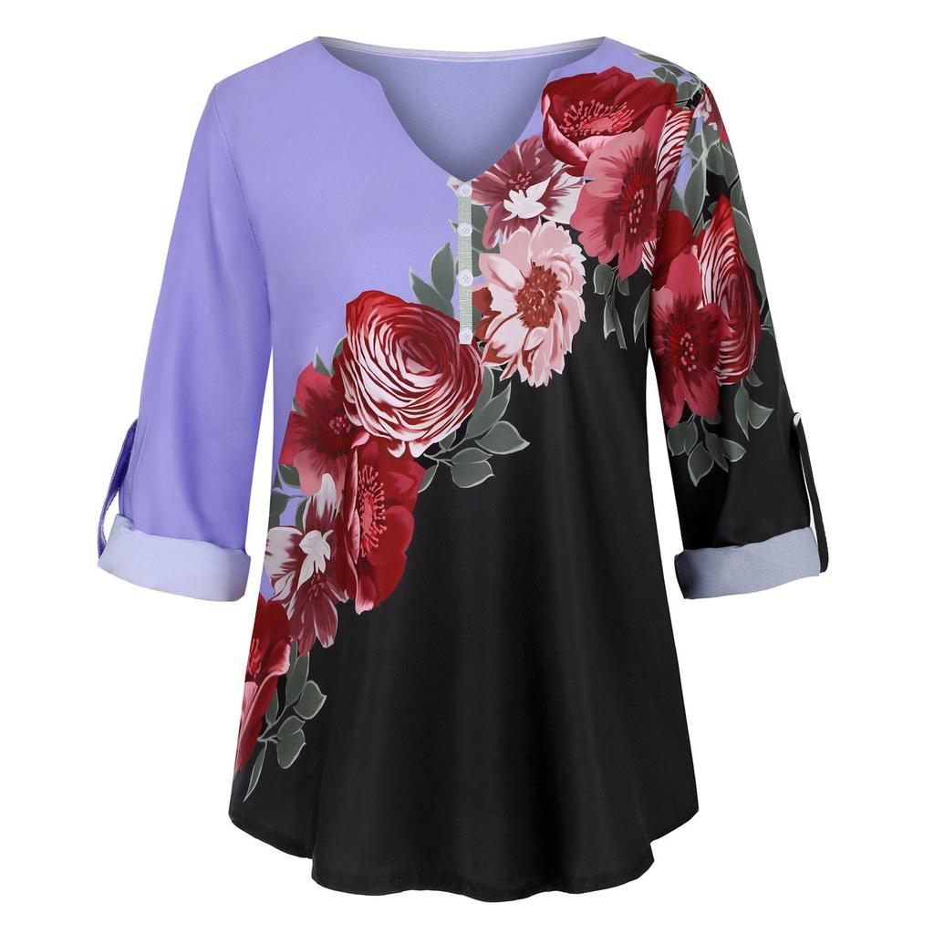 Women Casual Tops Shirt Ladies V Neck Floral Print Loose T-shirt Blouse Tee Top