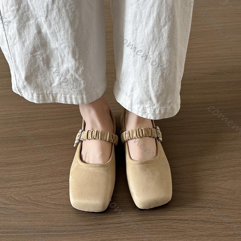Fashion Comemore Spring Autumn Flat Single Shoes Suede Solid Square Head Mary Jane Shoe Rhinestone Buckle Temperament Flats Mocasines
