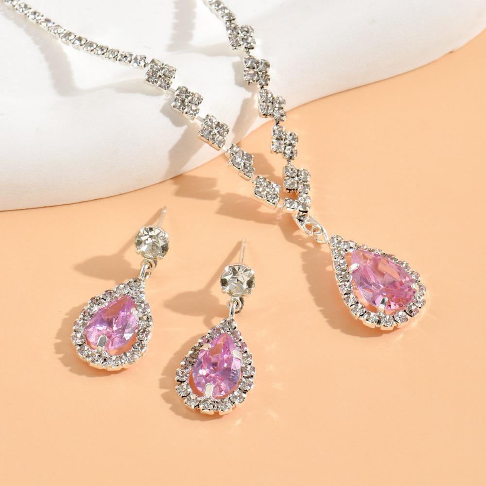 Droplet Necklace Necklace Earring Set Copper Claw Chain Wedding Banquet Gift Anniversary Gift 2Pcs silver pink