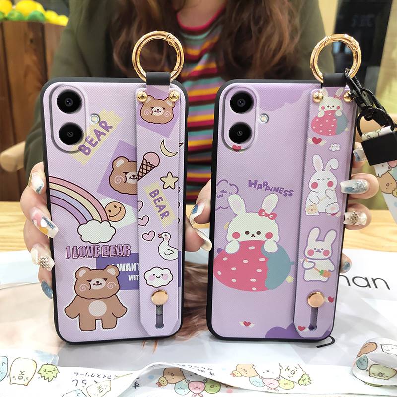 Ring Kickstand Phone Case For Samsung Galaxy A07 Back Cover Phone Holder Protective Anti-dust Silicone Wrist Strap Cute