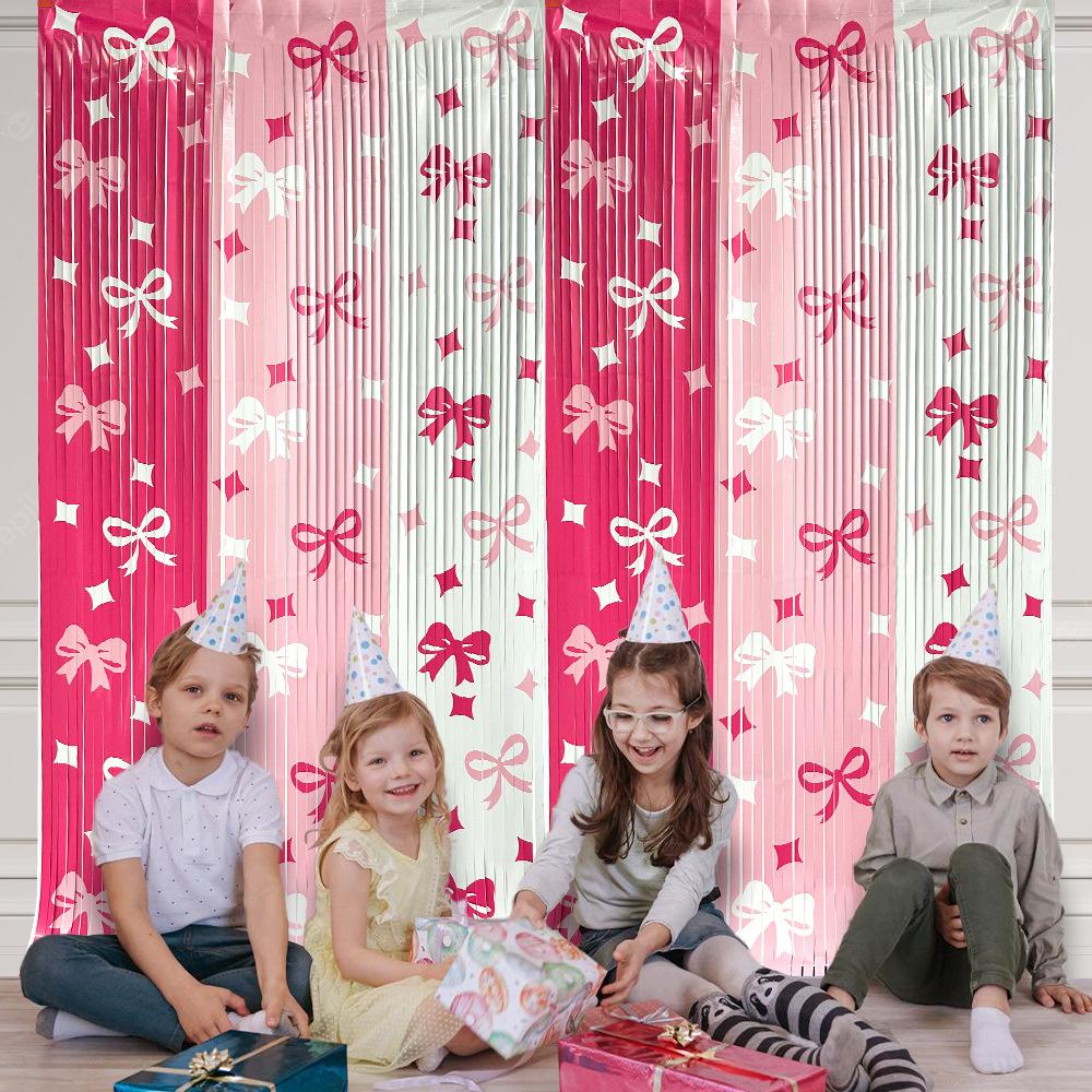 Pink Rain Silk with Butterfly Bow Curtain for Wedding Door Birthday Party Valentine's Day Rain Silk Curtain Photo Backdrop Decor