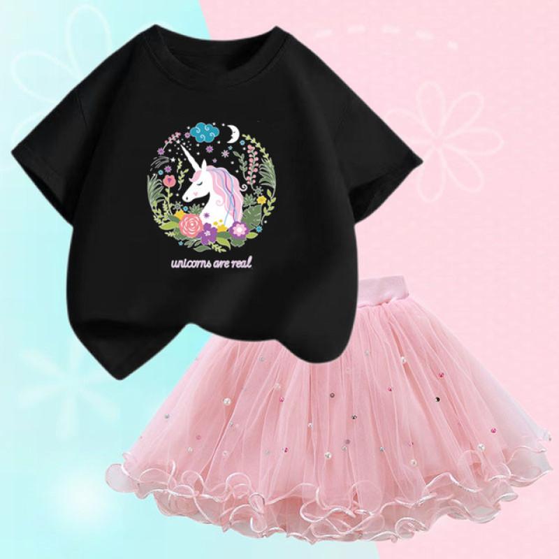 Sommer Mädchen Mode Outfits Kleidung Niedlichen Einhorn T Shirt & Tutu Mesh Rock Zwei Stück Hübsche Mädchen Kleidung Set Mädchen 2-12Y
