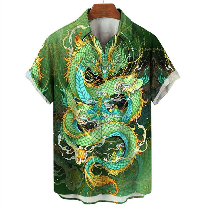 Summer Men's Dragon Pattern Element Shirt Social Casual Vintage Hawaiian Shirt  New Oversize Short Sleeve Street Clothing