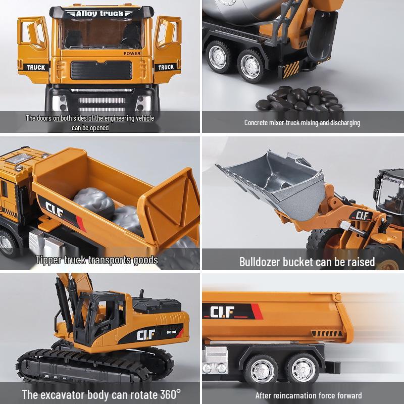 Car Cube Alloy Construction Vehicle Set: Loader, Excavator, Crane, Mixer Truck, and Road Roller Toy