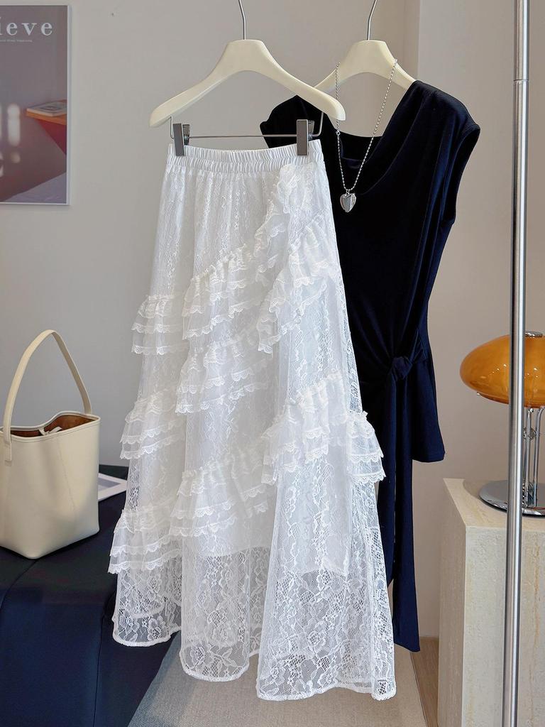 Women's Summer 2025 High Waist Lace A-line Skirt - Irregular Mid-length Drapey Design