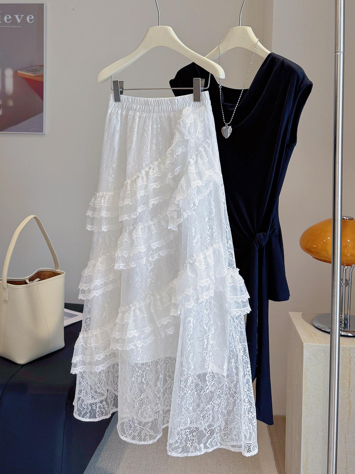 

Women s Summer 2025 High Waist Lace A-line Skirt - Irregular Mid-length Drapey Design One Size белый