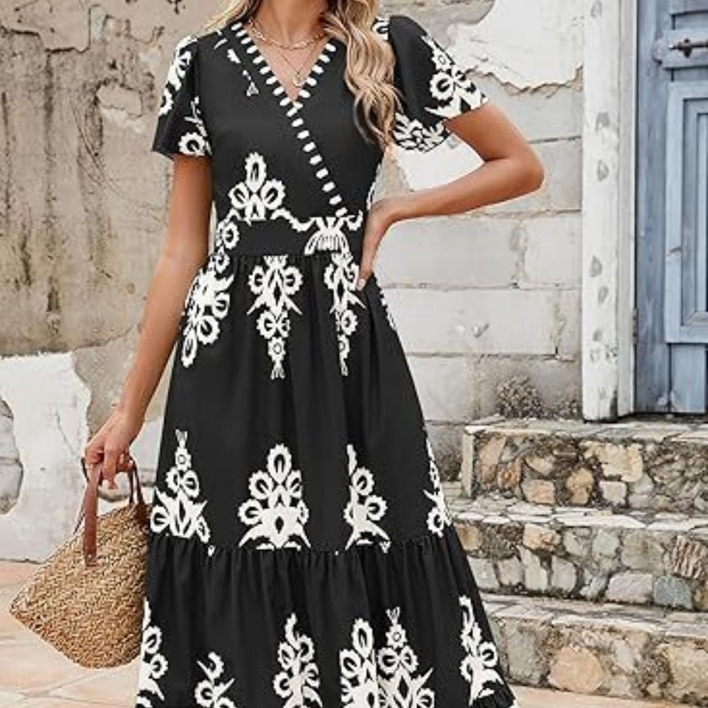 Women's V-neck flared sleeve floral print pocket short-sleeved dress