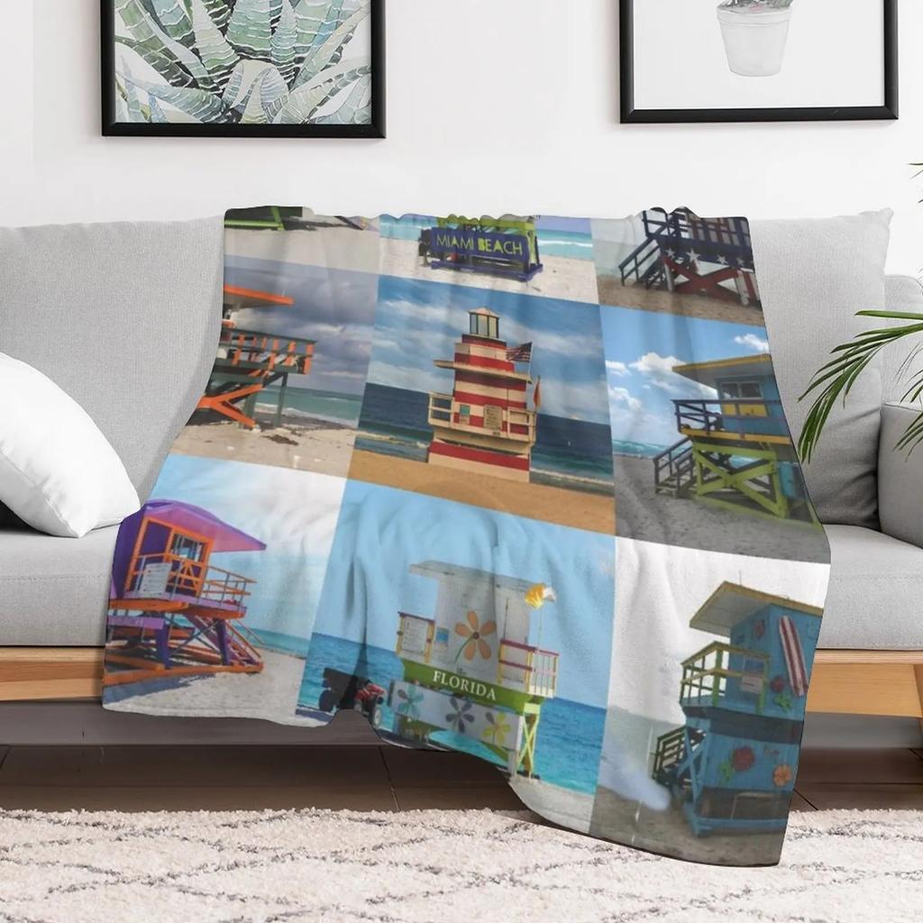 Miami Beach Florida Iconic Lifeguard Towers Throw Blanket Lightweight Warm Blanket for Travel Camping