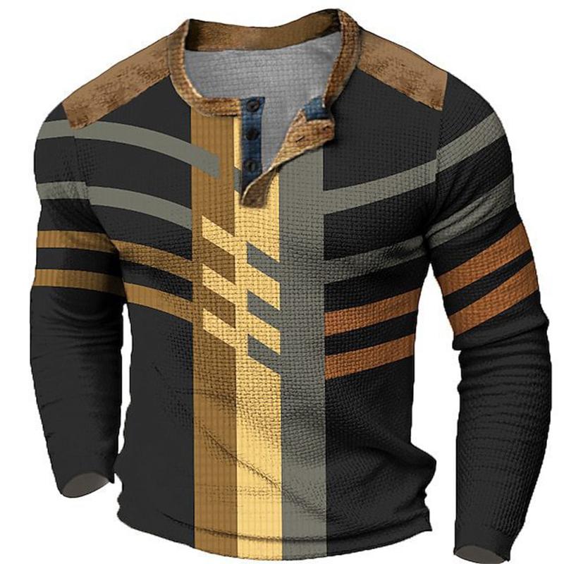 Unregelmäßiges Herren-T-Shirt mit 3 Knöpfen und Digitaldruckmuster, bequeme Polyesterfaser für Frühjahrs- und Herbstbekleidung, tägliche Outdoor-Bekleidung