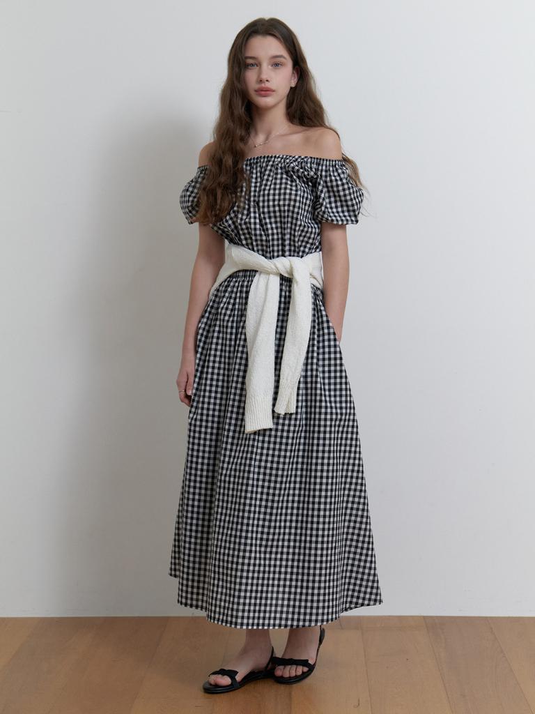 Liel Pluie Shirring Dress (Black Check)