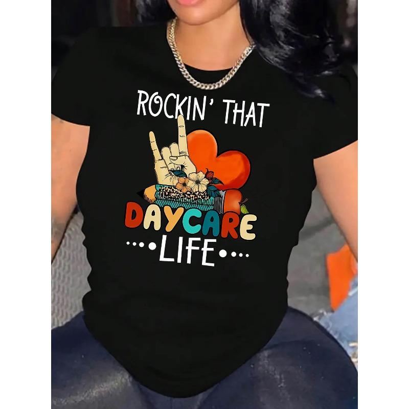 Creative English Rock Gesture Graphic Print Women s Fashion Trendy Short Sleeve, Simple Casual Sport T-Shirt, Comfortable Summer Top for Vacation S чёрный