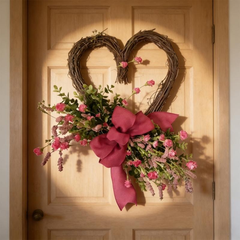 Heart Shaped Artificial Rose Wreath Valentine's Decoration Spring Wreath for Front Door Wall Window Wedding Anniversary