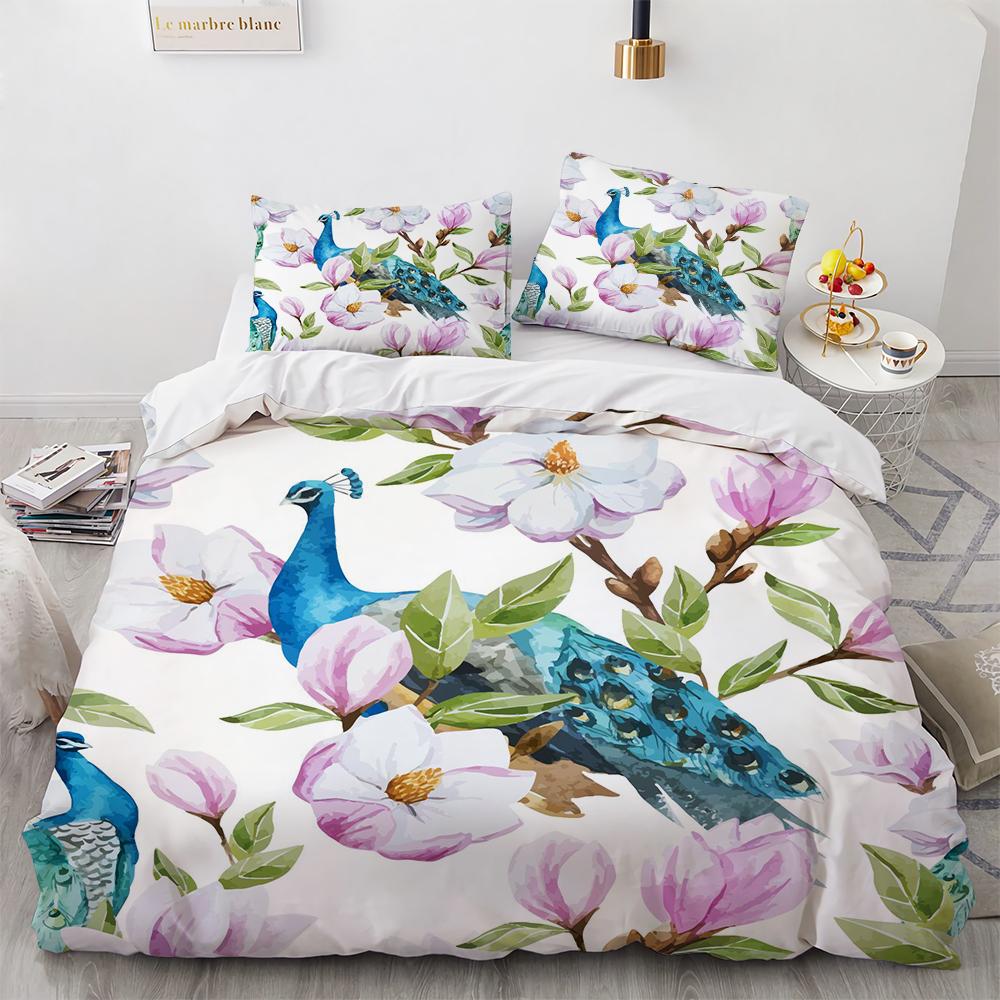 Juego de Funda Nórdica de Pavo Real Microfibra Preciosa Pluma Azul Funda de Edredón Flor Rosa Suave 2/3 Piezas Aves Tema Animal Funda de Edredón