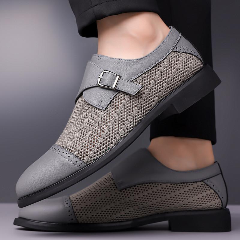 Fashion Luxury Designer Fashion New Men's Pointed Air Mesh Breathable Shoes Male Formal Wedding Prom Dress Monk Strap Loafers Homecoming