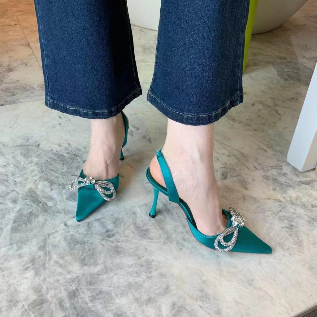 White High Heels Spring and Summer New Pointed Head Thin Heel Rhinestone Bow Bag Head Empty Sandals Women